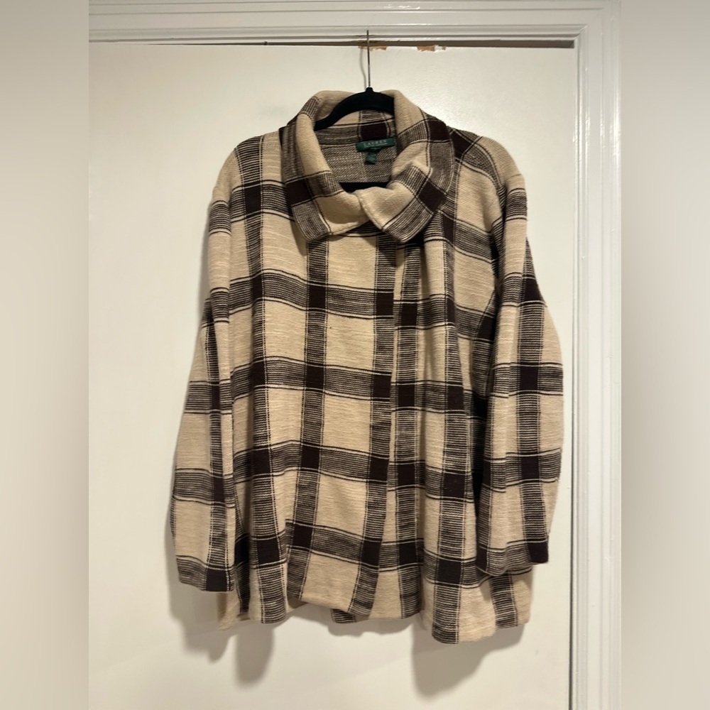 Lauren Ralph Lauren Sz:2X brown tan plaid cowl neck Fold Over collar sweater